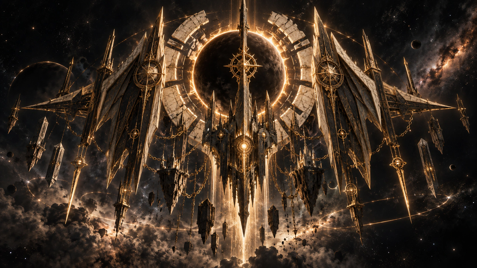 A monumental brass celestial machine with symmetrical spires and suspended stone fragments surrounding a dark moon rimmed in golden light.